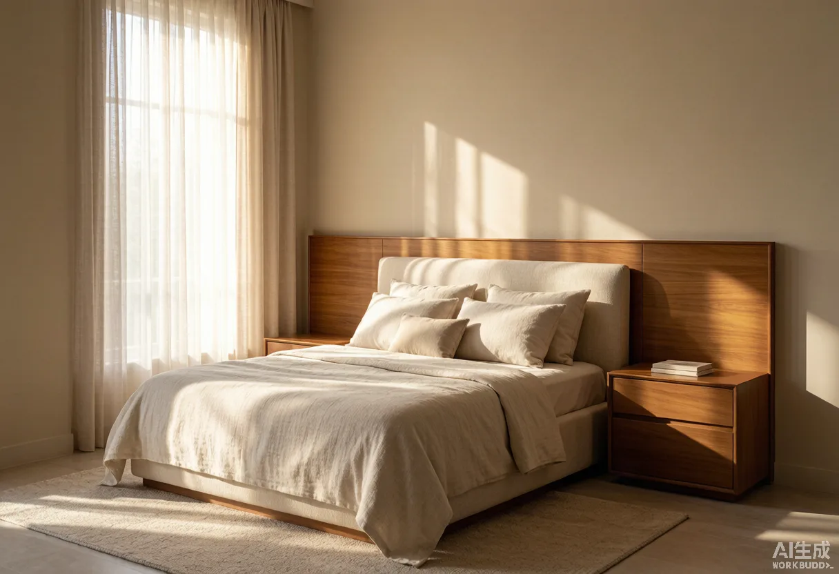 Luxury bedroom in warm natural light with beige linen and caramel wood